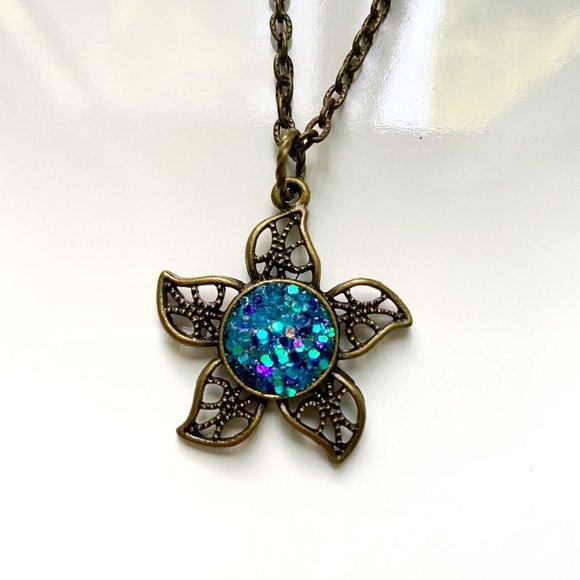 Blue glitter bronze mermaid starfish necklace 01 - Picture 1 of 6